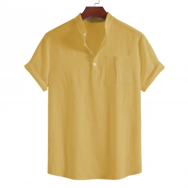 Men's summer pure cotton casual short-sleeved stand-up collar shirt, four-button solid color pullover for men 4
