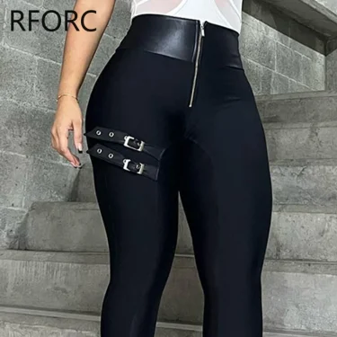 2023 Women Chic Pu Leather Patchwork High Waist Zipper Bandage Skinny Black Pencil Pants 4