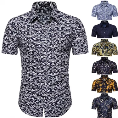 Summer New Men's Short Sleeved Shirt Thin Collar Hawaiian Style Floral Shirt Vacation Series Men's Shirt 1