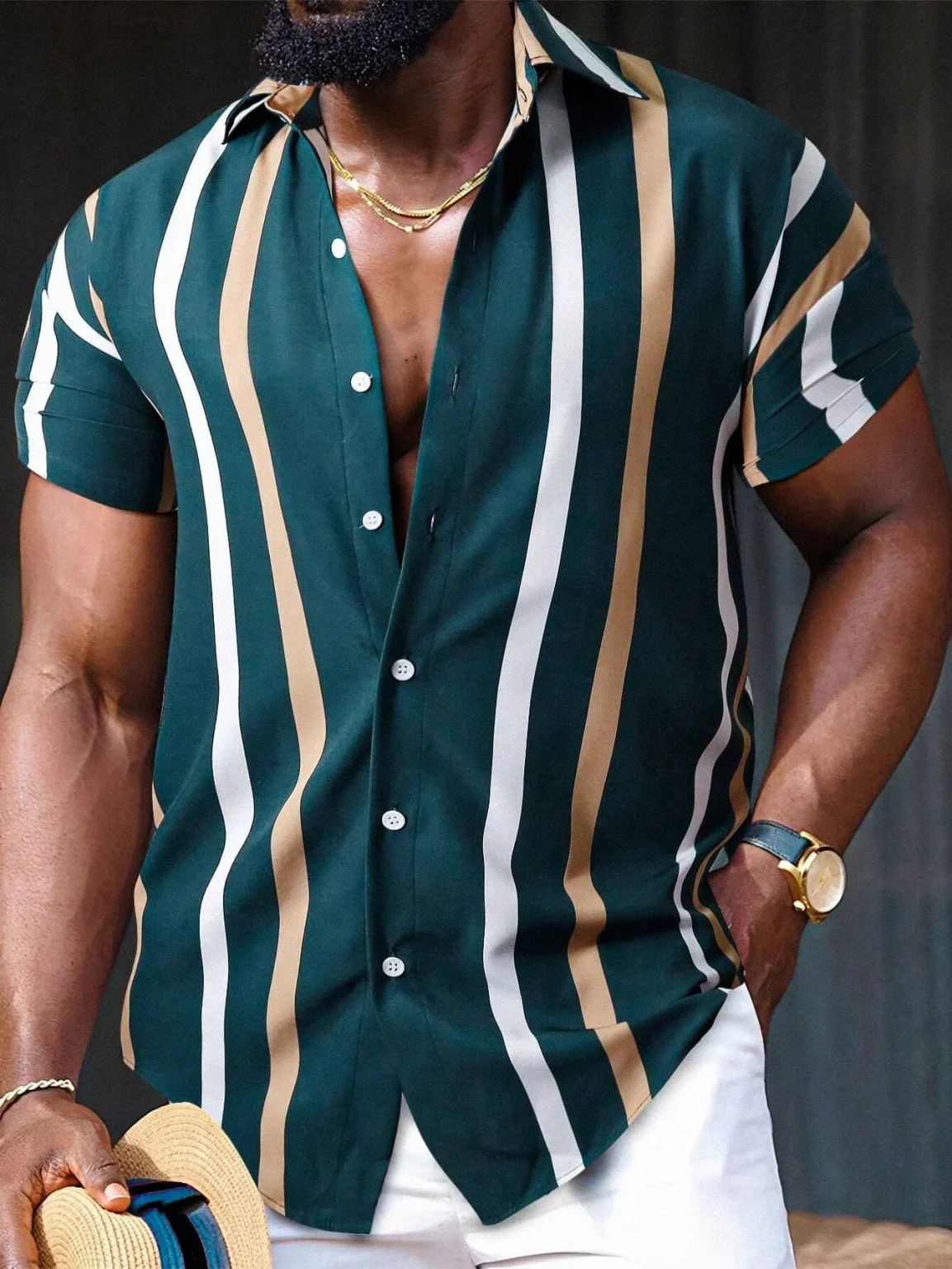 Men'S Striped Printed Shirt Simple And Fashionable Short Sleeved Button Neck Beachwear Commuting Style Men'S Casual Shirt Top 6