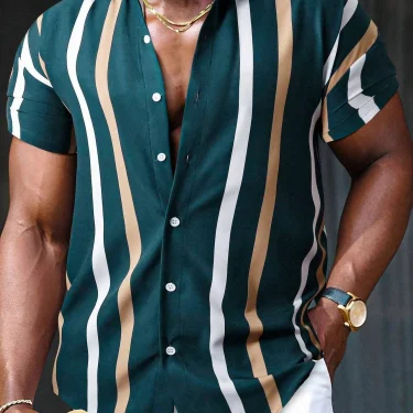 Men'S Striped Printed Shirt Simple And Fashionable Short Sleeved Button Neck Beachwear Commuting Style Men'S Casual Shirt Top 6