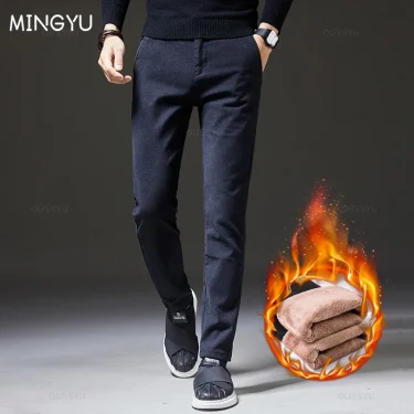 Mingyu Brand Winter New Men's Warm Casual Pants Business Fashion Fleece Thick Office Stretch Blue Trousers Male Plus Size 28-38 1