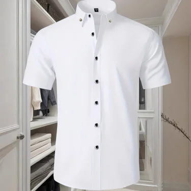 Hot Sale Men's Dress Shirt Formal Thin Business Classic Basic Diamond Button Social White Shirt Short Sleeve Men Clothing 2