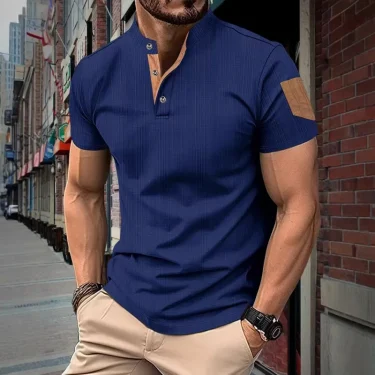 Men's summer fashion short sleeved T-shirt men's business casual Henley shirt breathable solid color stand up collar top 2