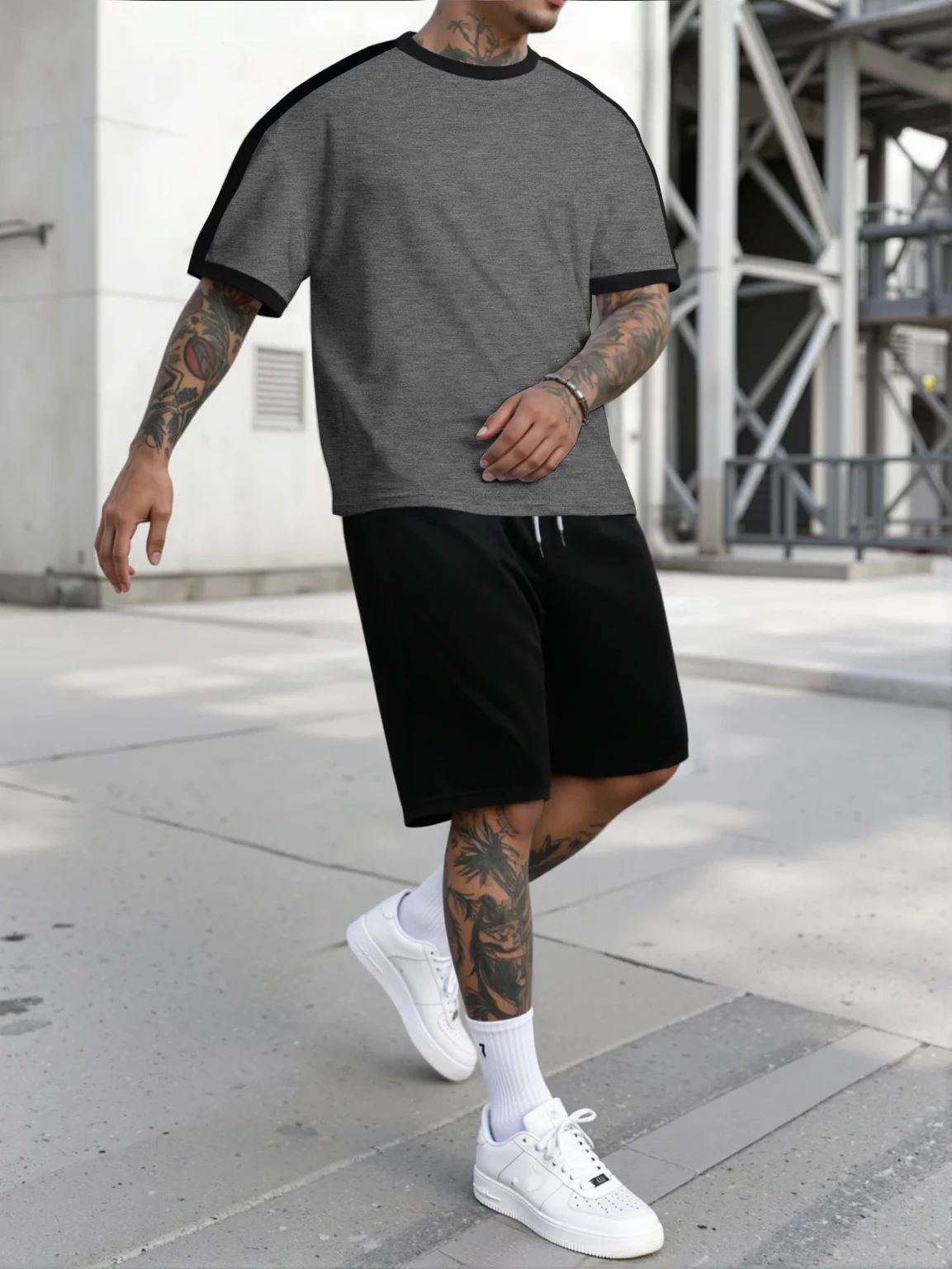 Short Sleeve Shorts Set, White t-shirt and Black Drawstring Shorts Sets, Men's Set 3