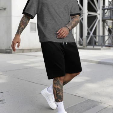 Short Sleeve Shorts Set, White t-shirt and Black Drawstring Shorts Sets, Men's Set 3