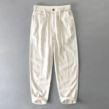 Elastic Waist Relax Fit Linen Cotton Pants for Men 2025 Spring Summer Vintage Breathable Casual Washed Trousers Plus Size 4XL 1