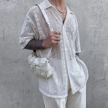 Summer Men's Clothing Mesh See Through Mesh Sexy Shirt Short Sleeve Fishnet Button-down Retro Chic Streetwear Party Blouse S-5XL 1