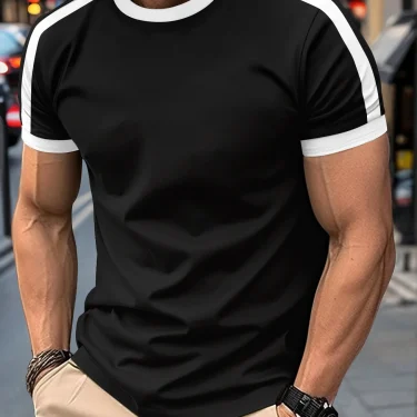 New Summer Elastic Casual Short-Sleeved Men's Daily Party Home Social Color matching T-Shirt Solid Color Vintage Streetwear Top 1