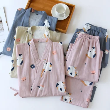 New Japanese-style kimono two-piece couple pajamas cover men and women pure cotton gauze cute kitten thin home service plus size 1