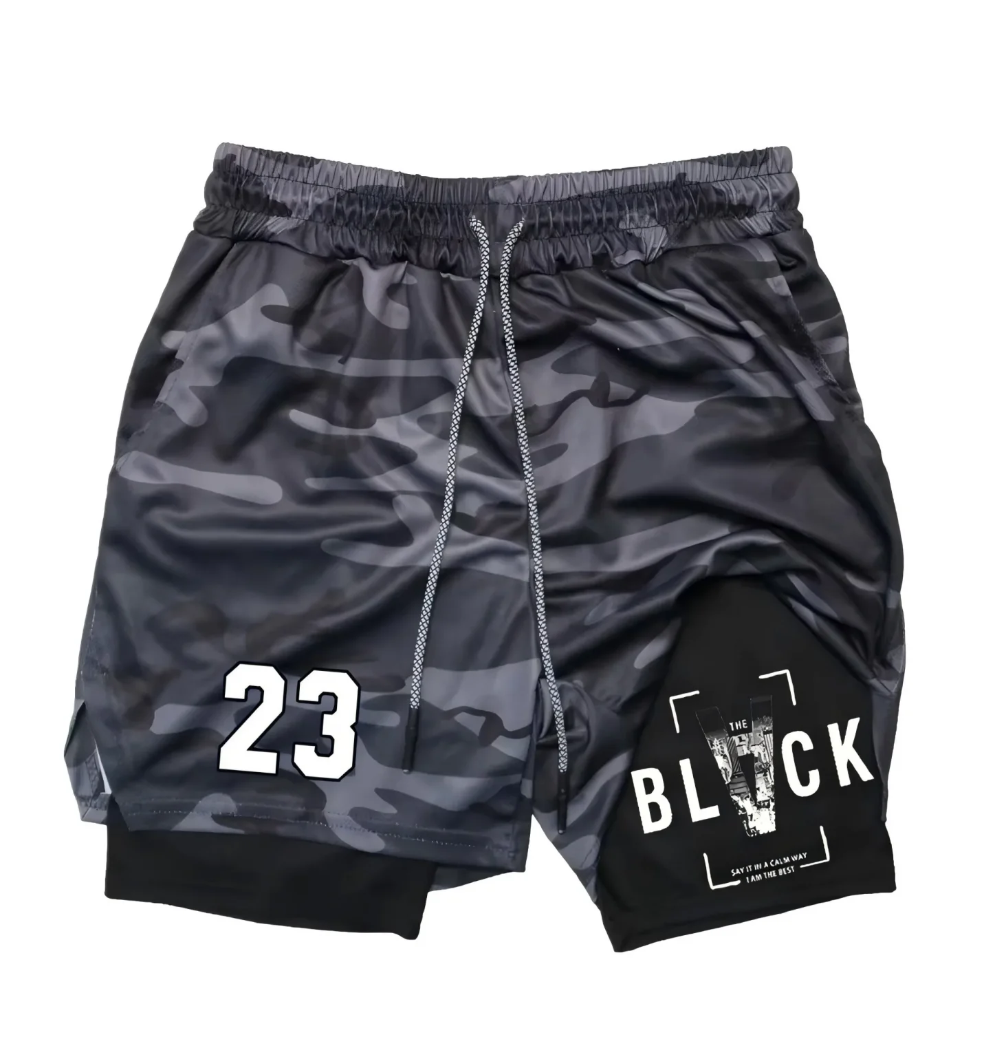 Men's casual 23 print double-layer sports shorts, drawstring beach shorts for summer beach vacations 3