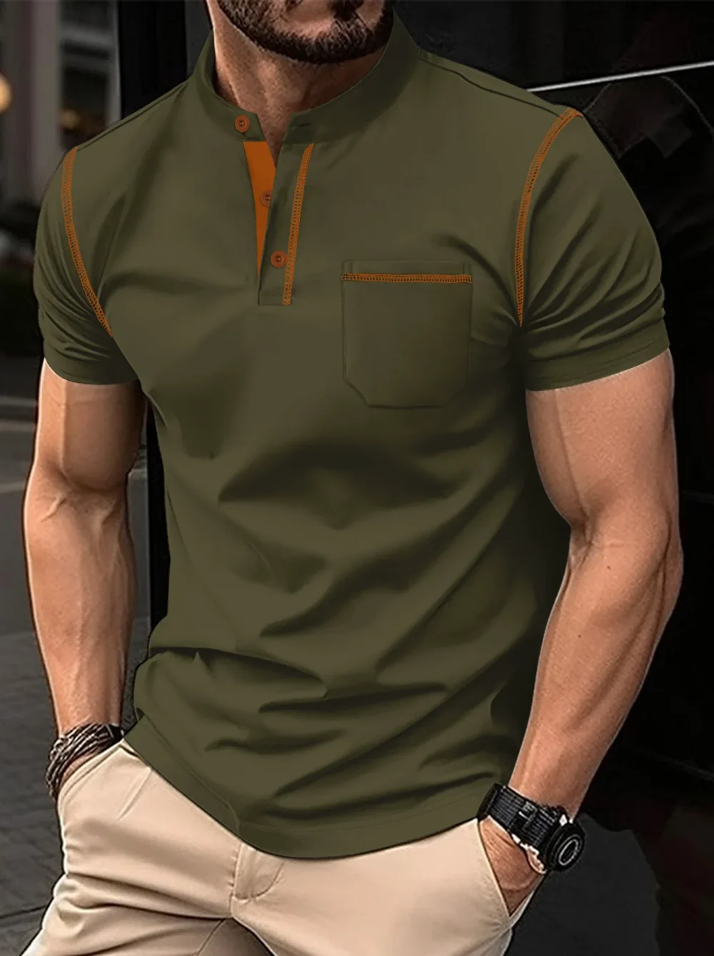Summer New Men Henry collar short sleeve golf POLO shirt personality pocket style casual breathable sports street fashion top 6