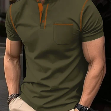Summer New Men Henry collar short sleeve golf POLO shirt personality pocket style casual breathable sports street fashion top 6