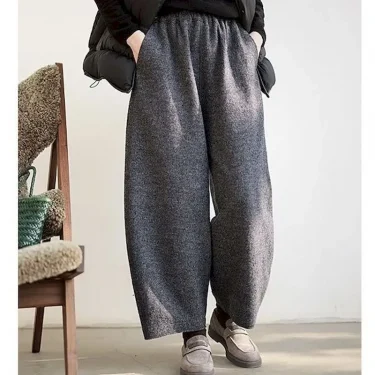 Lantern Pants Women Woolen Fabric Solid Design Casual Loose Korean Fashion Elastic Waisted Trousers Women Clothing Harem Pants 1