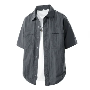 New Mens Cotton Shirt Short Sleeve Cargo Shirts Cotton Casual Solid Shirt Man Pocket Work Shirt Green Khaki Hiking Fishing 3
