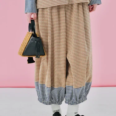 imakokoni 2025 spring niche series pure cotton color blocked plaid drawstring pants 244933 5