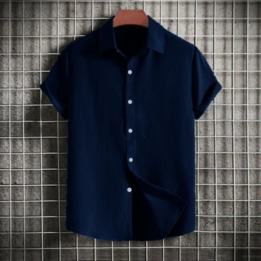 Men's casual short-sleeved solid color lapel shirt 6