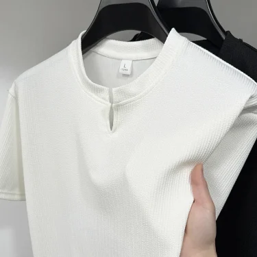 New Men's Casual and Fashionable Small V-neck Short Sleeved T-shirt with Summer Stripes Comfortable Solid Color Versatile Top 1