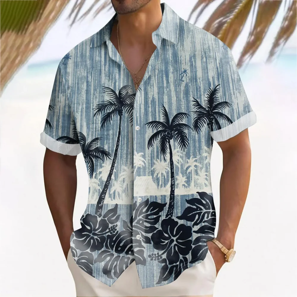 Floral Coconut Tree 3D Printed Shirt Summer Vacation Loose Lapel Short Sleeve Hawaiian Shirt Men's Party Casual Versatile Tops 2