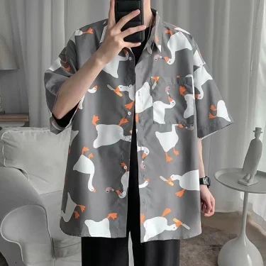 Retro Oil Painting Goose Print Men's Short Sleeve Thin Shirt Summer Fashion Casual Loose Square Neck Versatile Top 3