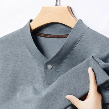 2025 Korean Style Men's Casual and Fashionable One Button V-neck Solid Color Short Sleeved T-shirt Summer Versatile Top 2