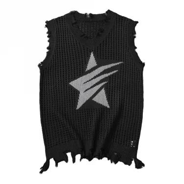 Men's Knitted Vest Summer Fashion Star Pattern Mesh Vest Casual Sleeveless Breathable Woolen Knit Ves Soft Top Men US Size 1