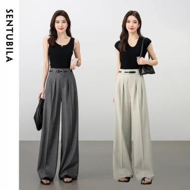 SENTUBILA Straight Pants Woman 2025 Spring Full-length High-waist Solid Folds Office Workwear Trousers with Belt 151K59377 1