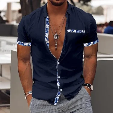 Fashionable Men's Hawaiian Shirt Casual Solid Color Printed Beach Pocket Short Sleeve Large Size 5XL New Style Multi 3