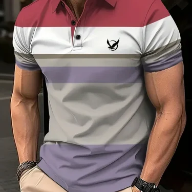 Men's bird pattern 3D print contrasting button up shirt with casual sports suitable for outdoor short sleeved striped polo shirt 4