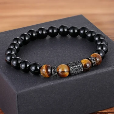 XQNI Marble Tiger Eye Bead Bracelet with Cubic Zircon Hand Jewelry Natural Stone Beads Bracelet Elastic Stretch Men Bracelet 1