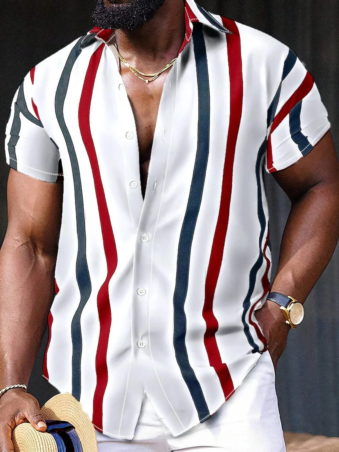 Men'S Striped Printed Shirt Simple And Fashionable Short Sleeved Button Neck Beachwear Commuting Style Men'S Casual Shirt Top 3