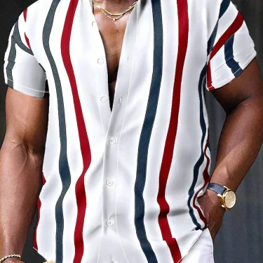 Men'S Striped Printed Shirt Simple And Fashionable Short Sleeved Button Neck Beachwear Commuting Style Men'S Casual Shirt Top 3