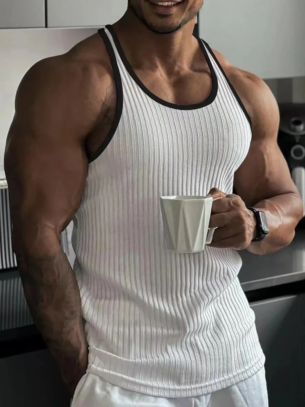Men's quick drying elastic fitness clothes gym runningslim fit vertical stripessleeveless fashion summer new style 2