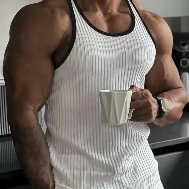 Men's quick drying elastic fitness clothes gym runningslim fit vertical stripessleeveless fashion summer new style 2