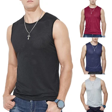 Summer Men Ice Silk Tank Top Slim Fit Vests Mesh Singlets Muscle Tops Transparent Male Bodyshaper Breathable Fitness Men Shirt 2