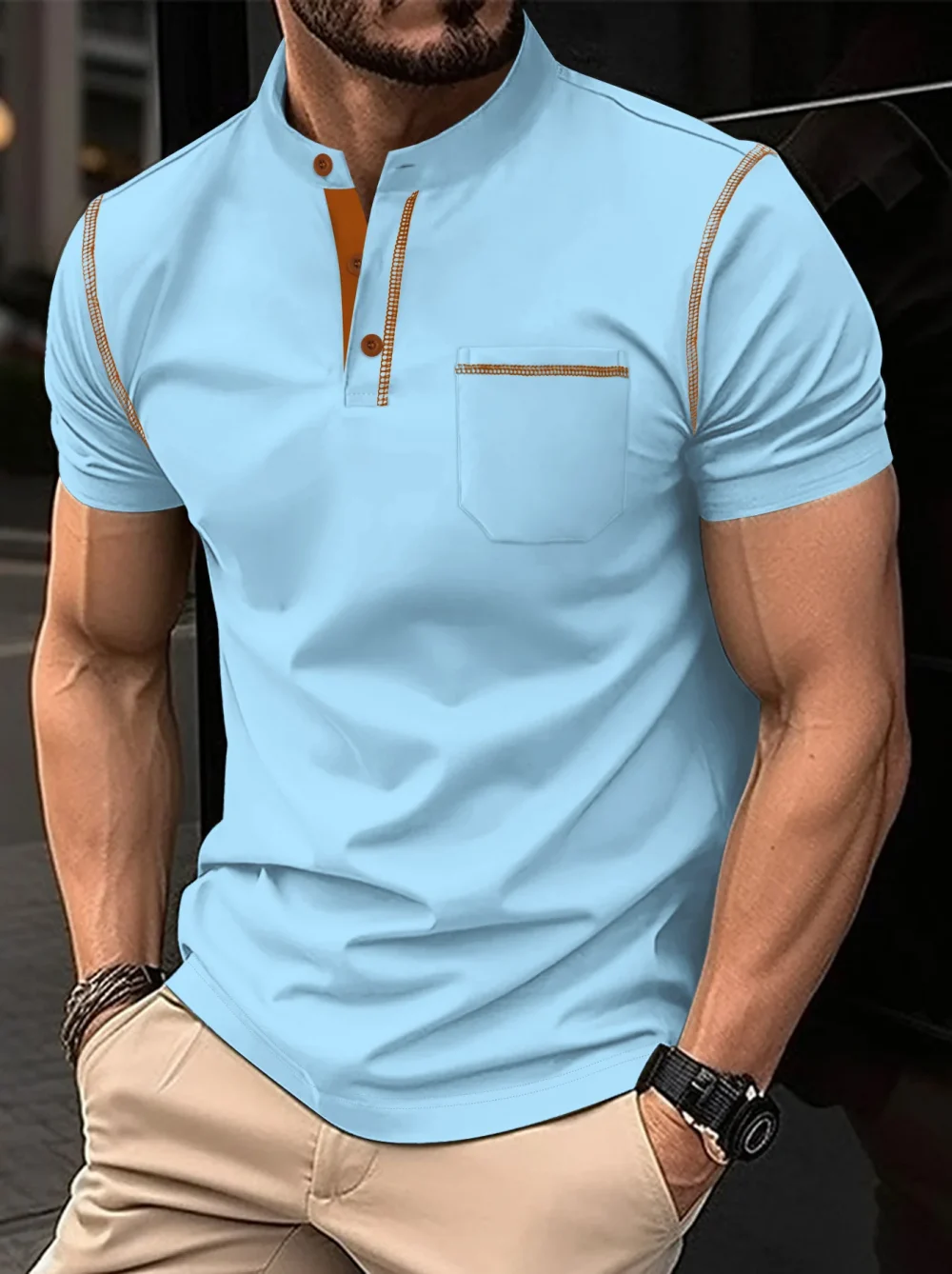 Summer New Men Henry collar short sleeve golf POLO shirt personality pocket style casual breathable sports street fashion top 3