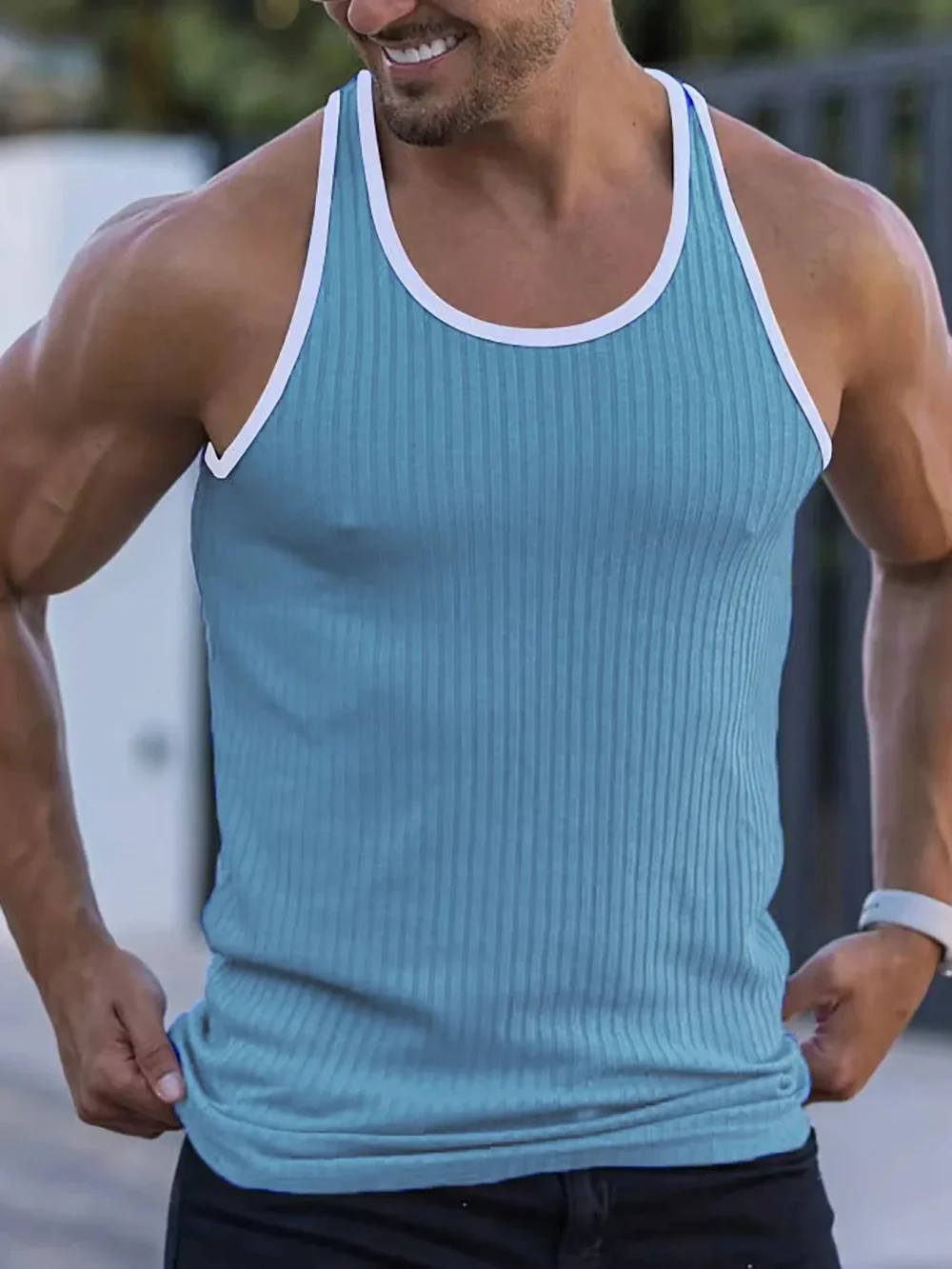Men's quick drying elastic fitness clothes gym runningslim fit vertical stripessleeveless fashion summer new style 4