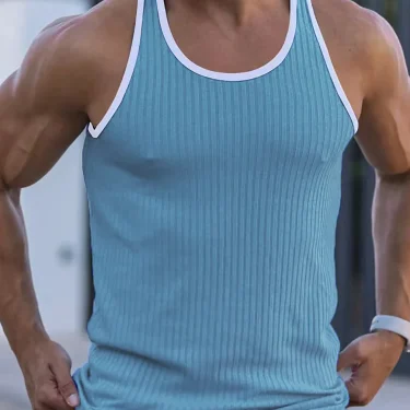 Men's quick drying elastic fitness clothes gym runningslim fit vertical stripessleeveless fashion summer new style 4