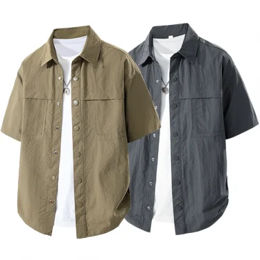 New Mens Cotton Shirt Short Sleeve Cargo Shirts Cotton Casual Solid Shirt Man Pocket Work Shirt Green Khaki Hiking Fishing 5