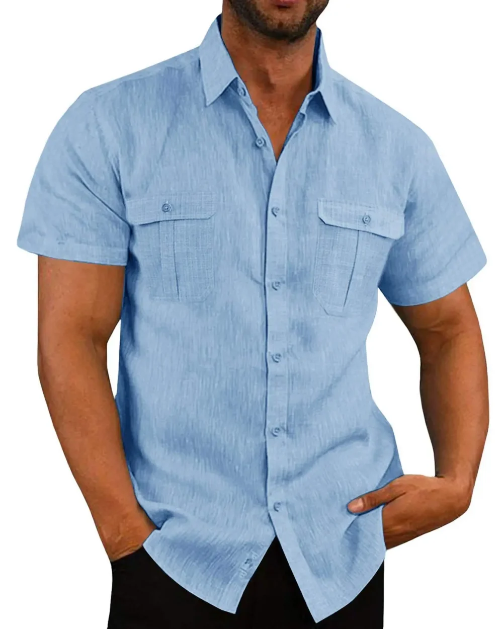 Cotton Linen Hot Sale Men Short-Sleeved Shirts Summer Solid Color Stand-Up Collar Casual Beach Style Plus SizeMale Shirts M-5XL 1