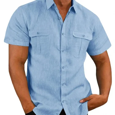 Cotton Linen Hot Sale Men Short-Sleeved Shirts Summer Solid Color Stand-Up Collar Casual Beach Style Plus SizeMale Shirts M-5XL 1