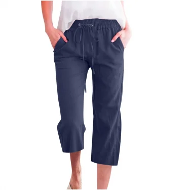 Pants For Women Casual Summer Solid Color Elastic High Waist Cotton And Linen Loose Pants Drawstring Pocket Mid Leg Pants 5