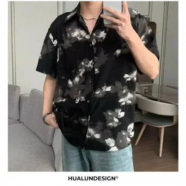 Retro Tie-dye Flower Shirt Short Sleeve Men High-end Sense Handsome Fashion Trend Korean Version Loose Draped Ice Silk Shirt 6