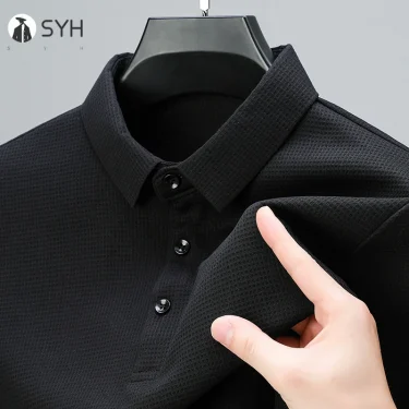 New Men's Business Fashion Casual Long Sleeved Shirt Solid Color Polo Shirt Fashionable Breathable Comfortable Versatile Top 5