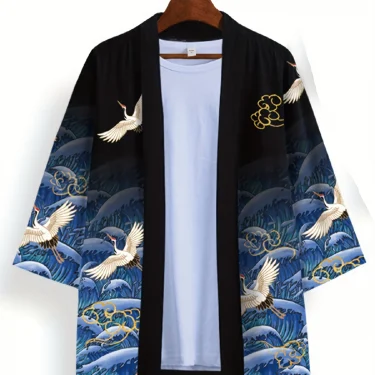 Animal Bird Patterns Crane Waves Asian Traditional Costume Print Kimono Men Women Yukata Haori Harajuku Cosplay Cardigan Costume 5