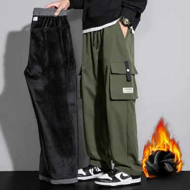 Cargo Pants Men Straight Fit Wide Leg Fleece Lined Trouser Male Winter Fashion Loose Baggy Large Plus Size Warm Streetwear 1