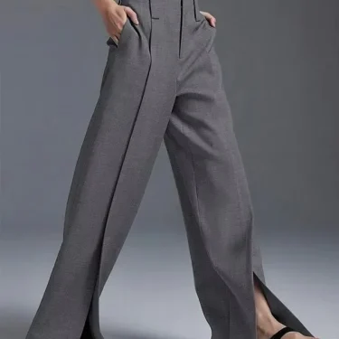 Lemongor Women Formal Suit Straight-leg Pants New Fashion Solid Color Split-Front High-Waisted Pleated Casual Trousers 5