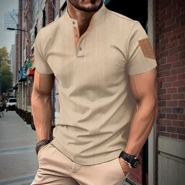 Men's summer fashion short sleeved T-shirt men's business casual Henley shirt breathable solid color stand up collar top 3