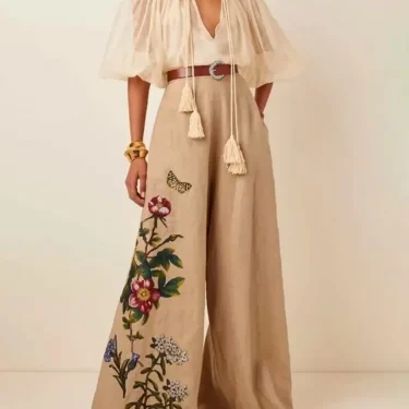 Krisnanas Women's Cotton and Linen Pants 2024 Fashion Pockets Flower Print Elasticity Belted Wide Leg Loose Trousers Pants 1