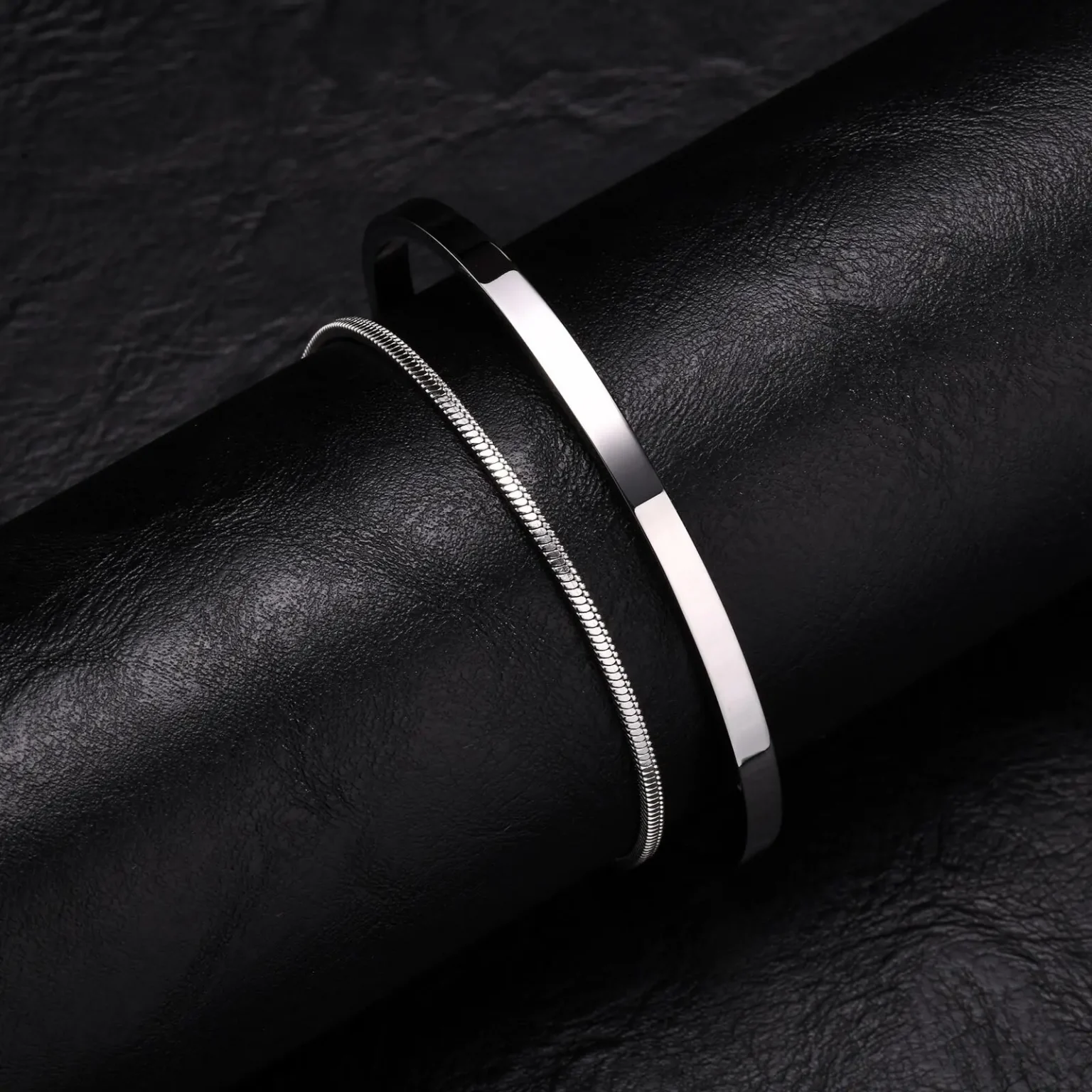 Vnox Mens Stainless Steel Bracelets Set, Stacked Open Cuff Bangles, Black Snake Link Chain Wristband Jewelry Gift 4